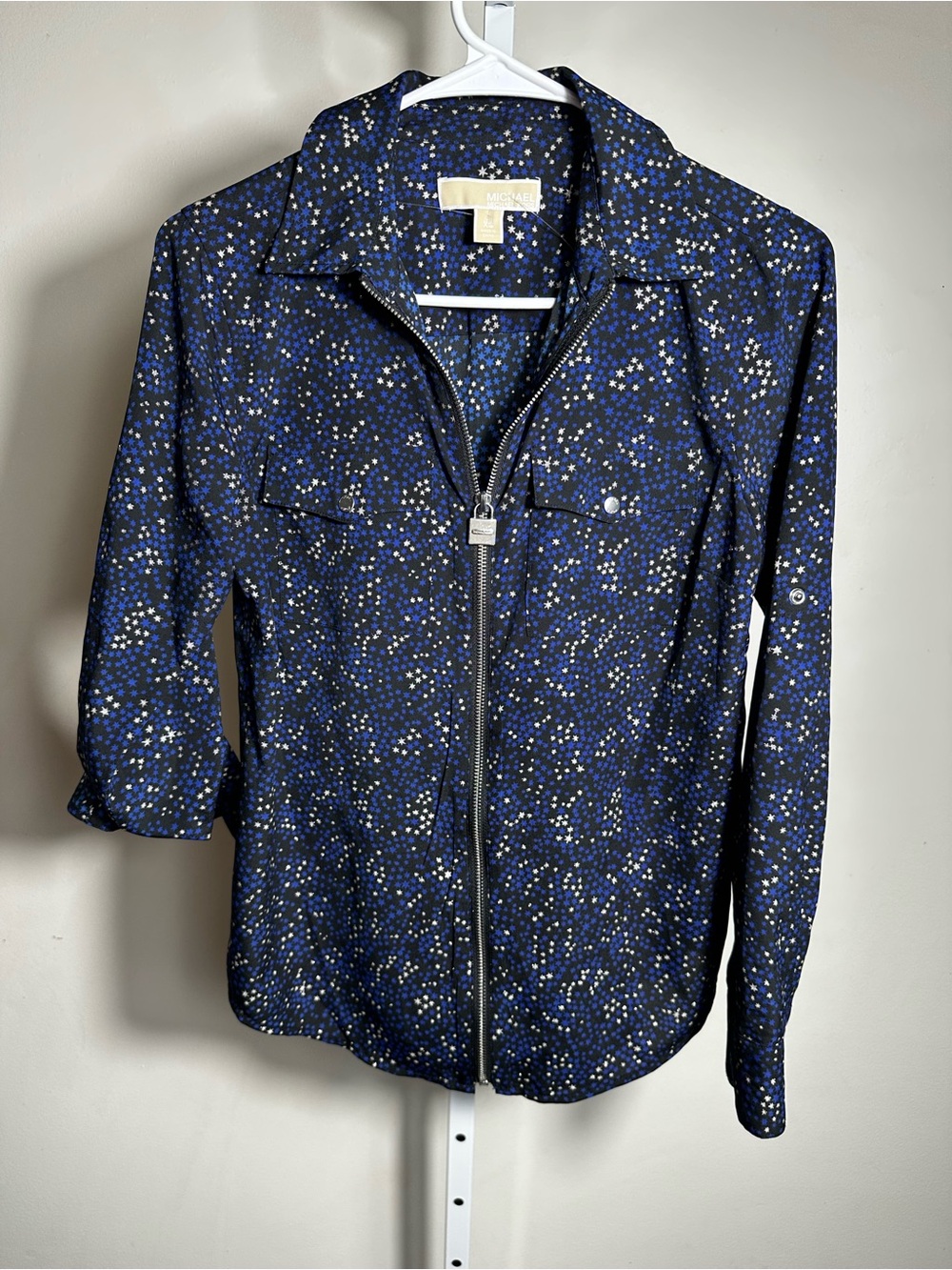 H42. MICHAEL Michael Kors Navy Star-Dot Zip Front Shirt-EUC
